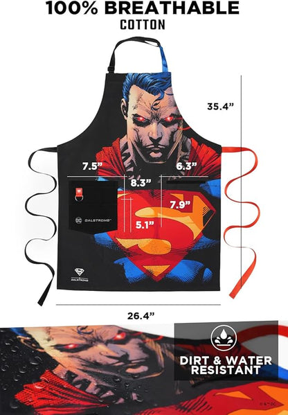 Dalstrong Chef Kitchen Apron - DC Superman™ Heat Vision Edition - Premium Cotton & Nylon Straps - 2 Pockets - Steel Hangloops -Unique Size Fit for All - Stain Resistant