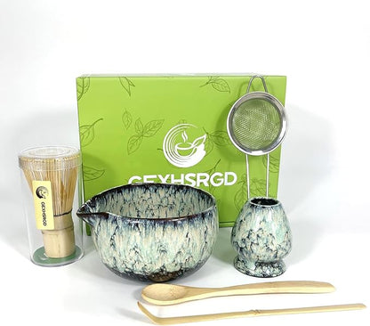 Matcha Whisk Set 6 pc Kit - Traditional Japanese Chasen, Bamboo Whisk Holder, Ceramic Bowl with Spout, Sifter & 2 pc Spoons - matcha kit set, Gift for Matcha Tea Lovers(Quenching Blue)