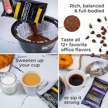 Colonial Coffee 100 Count Single Pot Coffee Packets – Assorted Variety Pack with Medium, Dark, & Decaf Roast Blends | Pre-Measured Frac Packs for 12 Cup Maker | Bulk Ground Gourmet Coffee for Home & Office