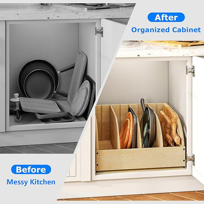 WelFurGeer Birchwood Pot and Pan Organizer with Soft-Close Drawer, Pull Out Cabinet Organizer, Heavy-Duty Slide-Out Storage for Baking Sheets, Cutting Boards, and Kitchen Utensils