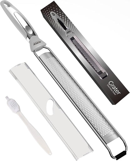 Ourokhome Kitchen Lemon Zester, Stainless Steel Hand Held Parmesan Cheese Grater for Ginger, Chocolate, Coconut, Lime, Nutmeg, Citrus, Fruit, Vegetable with Cleaning Brush, Dishwasher safe, Gray