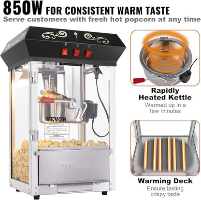 VEVOR Popcorn Maker, 850W Popcorn Popper Machine, 8 Oz Kettle Makes 48 Cups per Batch, Countertop Popcorn Maker with Tempered Glass, Includes 4 Scoops, Movie Theater Style, Black
