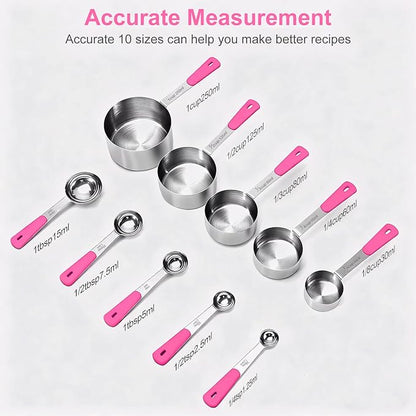 Measuring Cups and Spoons Set, Stainless Steel 10 Piece for Cooking and Baking (5 Cups + 5 Spoons, Pink Handle)