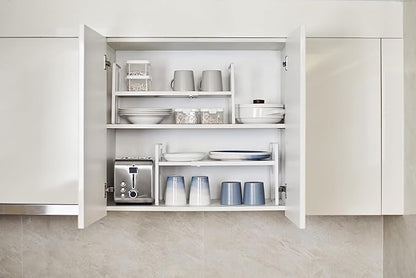 Nxconsu Cabinet Shelf Expandable Height Adjustable Shelf Organizer Riser for Kitchen Cabinet Pantry Cupboard Under Sink Countertop Organization Storage Space Saver Stackable Heavy Duty Metal White XXL