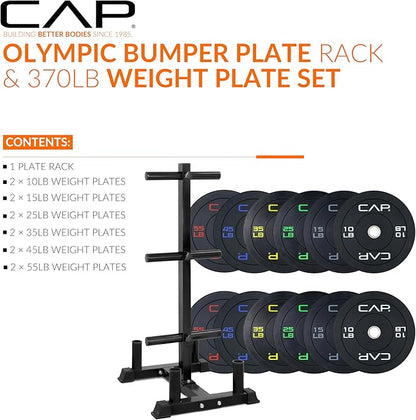 CAP Barbell 2-Inch Olympic Bumper Plate Weight Set with 6 Post Rack | 100-370 lbs | Multiple Options