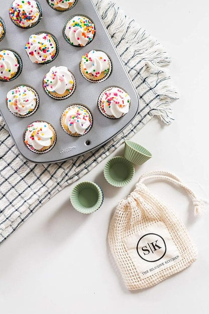 The Silicone Kitchen Reusable Mini Silicone Baking Cup, Non-Toxic, BPA Free, Dishwasher Safe, Mini, 24 Pack, White Blue Green