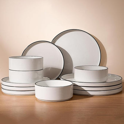 Famiware Nebula Plates and Bowls Sets for 4, 12 Pieces Stoneware Dinnerware Set, Microwave and Dishwasher Safe Dishes Set, White with Black Rim