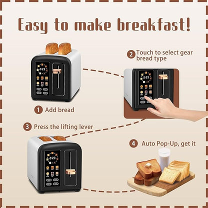 SEEDEEM Toaster 2 Slice with Touch Screen, Faster Heating Speed, 7 Shade Setting, 6 Bread Type, 1.5”Wide Slots Toaster, Removable Crumb Tray, 1350W, Dark Chocolate