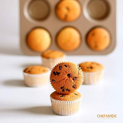 CHEFMADE Muffin Cake Pan, 12-Cavity Non-Stick Cupcake Pan Bakeware for Oven Baking (Champagne Gold)
