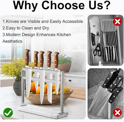 Acrylic Shield Magnetic Knife Block Holder - Marble Base Magnetic Knife Stand for Counter Top -Double Sided Magnetic Knife Holder -Stainless Steel Kitchen Knife Block without Knives -White