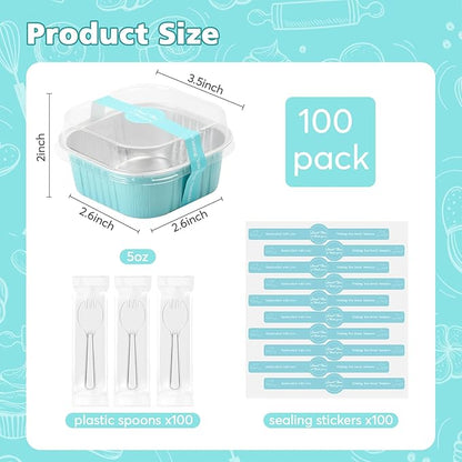 Ruckae 5oz 100 Pcs Square Mini Loaf Pans with Lids-Disposable Foil Dessert Containers,Mini Cake Pans with Lids,Aluminum Dessert Cups for Parties and Weddings (Light Blue, 5oz)