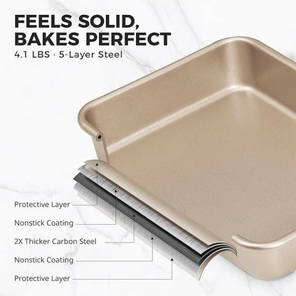 HONGBAKE Deep Baking Pans Set of 3, Nonstick Rectangle Sheet Cake Pans, 13/11/9 Inch Metal Oven Tray for Cooking Lasagna Brownie, Stackable Multi-Depth Bakeware, Golden