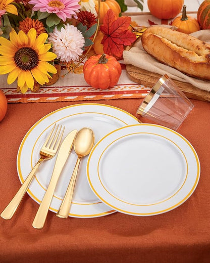 bUCLA 150PCS Gold Plastic Dinnerware Set Disposable - Heavy Duty Gold Plates Include 25 Dinner & 25 Dessert Plates,25 Forks,25 Knives,25 Spoons&25 Cups for Party&Thanksgiving Table Decor