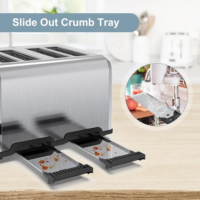 Toaster 4 Slice, KitchMix Bagel Stainless Toaster with LCD Timer, Extra Wide Slots, Dual Screen, Removal Crumb Tray (Stinless steel)
