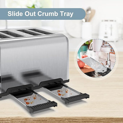 Toaster 4 Slice, KitchMix Bagel Stainless Toaster with LCD Timer, Extra Wide Slots, Dual Screen, Removal Crumb Tray (Stinless steel)