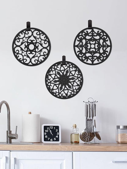 SMARTAKE 6 Set Silicone Trivet Mats, Multi-Use Intricately Carved Coasters, Insulated Non-Slip Durable Kitchen Mats, Flexible Modern Kitchen Table Mat, for Hot Dishes, Pots, Countertop (Black)
