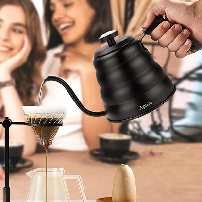 Tea Kettle with Thermometer Pot Black Stovetop Tea Kettle 40oz Gooseneck Kettle Teapot Pour Over Coffee Kettle with Thermometer,1200ml,6 Cup,Black,1Pack