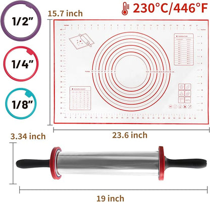 SHIKORI Rolling Pin,Adjustable Rolling Pin with Thickness Rings, Stainless Steel Dough Roller Baking Supplies for Pizza Pastry Fondant Pie Pasta-Black