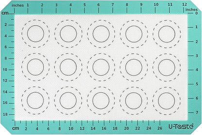 446ºF Heat Resistant Macaron Mat: U-Taste 14.17x9.44in Non Stick Silicone Baking Mat, Reusable Cookies Pastry Sheet Liner with Edge Enhancement & Circle Measurement for Cake Pan (Aqua Sky)