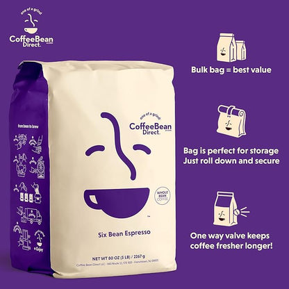 Coffee Bean Direct Six Bean Espresso, Whole Bean Coffee, Dark Roast, 5 Pound Bag (Pack of 1)