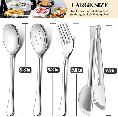 LIANYU 12-Piece Large Serving Utensils Set, Include 9.8 Inch Slotted Spoons and Forks, 9.4 Inch Tongs, Stainless Steel Hostess Serving Flatware Set for Catering Party, Dishwasher Safe