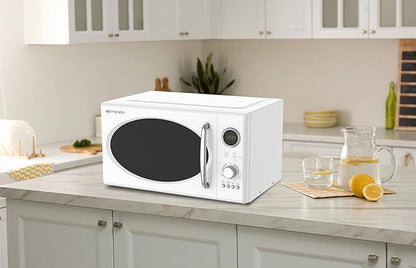 Emerson MWRG0901W 0.9 Cu. Ft. Retro Microwave with 1,000W Grill Function, 800W Cooking Power, LED Display, 5 Power Levels, 8 Auto Menus, Glass Turntable, Child Lock, White Countertop Design