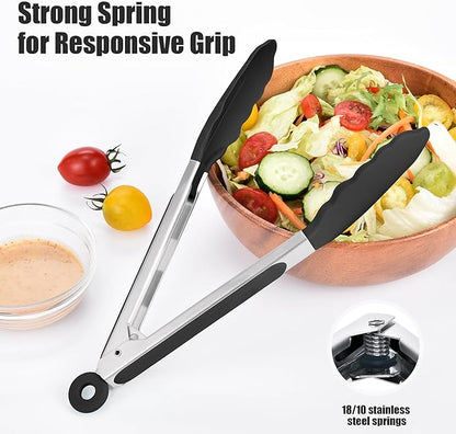 Doosu Kitchen Tongs for Cooking - 600°F Heat Resistant Food Tong with Non-Scratch Silicone Tips, Heavy Duty Stainless Steel Locking Tong for BBQ, Grilling Steak, Serving Salad, Pasta (9in, Black)