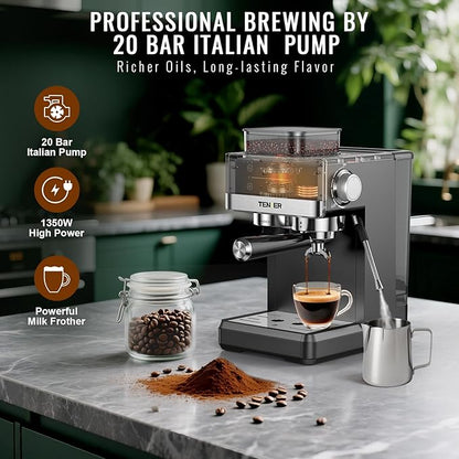 TENKER Espresso Machine with Grinder, 20 Bar Coffee Machine with Milk Frother for Home, All-in-One Stainless Steel Coffee Maker to Make Latte, Cappuccino, Hot or Cold Brew Iced Coffee