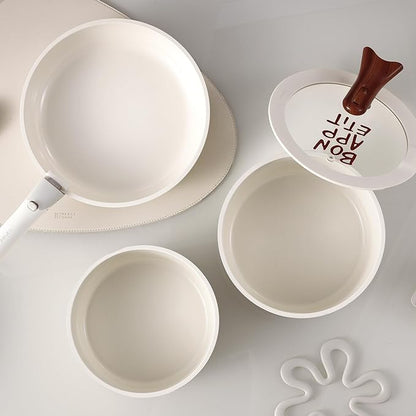 CAROTE Ceramic Sauce Pan Sets with Stand-Up Lid 2QT, 3QT & 4QT, 11 Piece NonStick Kitchen Cookware Sets with Detachable Handle, Non Toxic Cooking Pot, Oven Safe, Induction Ready, Cream White