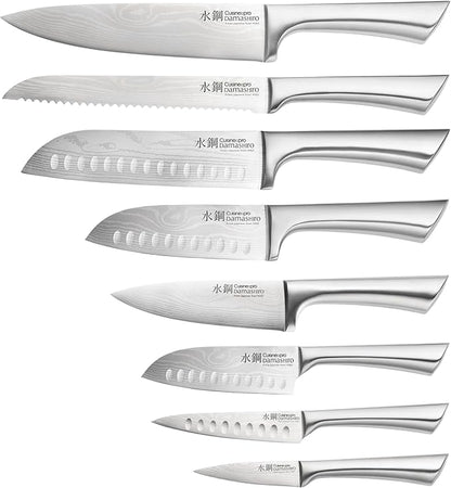 Cuisine::pro Damashiro Knife Block (Bodo, 10 Piece Set) - Premium Japanese Steel Knife Set With Transparent Display - Built-in Magnetic Acacia Wood Chopping Board
