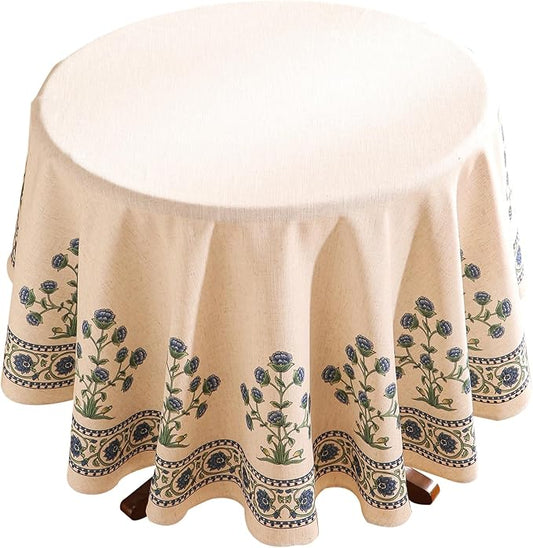 patdrea Designer Blue Small Tablecloth for Round Table,Linen Leaves Pattern Anti-Wrinkle Floral Tablecloths,Farmhouse Floral Table Cover Decor for Kitchen Dining,Thanksgiving,Diameter 55"-Ivar B