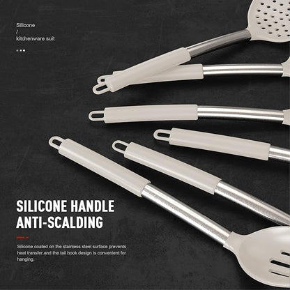 Large Silicone Cooking Utensils Set - Heat Resistant Kitchen Utensils,Turner Tongs,Spatula,Spoon,Brush,Whisk,Stainless Steel Silicone Cooking Tool for Nonstick Cookware,Dishwasher Safe (Khaki)