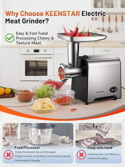 KEENSTAR 3000W Max Heavy Duty Electric Meat Grinder with Sausage Stuffer Maker & Kubbe Kit, Food Grinder with Blade & 3 Plates, Stainless Steel Meat Mincer Machine for Home Kitchen Use