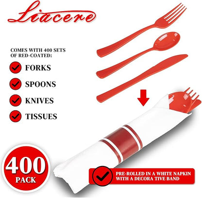 Liacere 400PCS Pre Rolled Red Silverware and Napkin - Disposable Red Plastic Utensils-Wrapped Plastic Cutlery Set with Napkin:100Forks,100Knives,100Spoons,100Napkins for Wedding＆Valentine＆Christmas