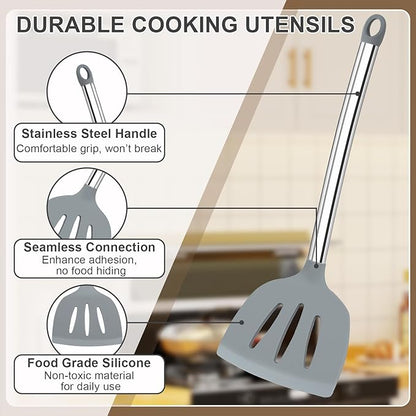 8 PCS Cooking Utensils Set, Vayvnt Silicone Kitchen Spatula Set for Cooking, Non Toxic Silicone Kitchen Utensils with Stainless Steel Long Handle, Spoon and Tong, Heat Resistant&Dishwasher Safe, Gray