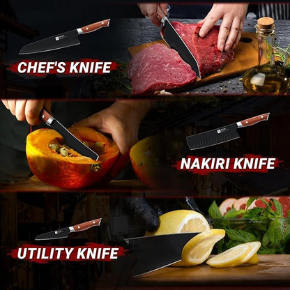 TIVOLI 3 Piece Kitchen Knife Set - High Carbon Steel Black Blade Rustproof Coating - Chef Knife Set with Ergonomic Wood Handle, Cooking Knife Set for Meat Vegetable Fruit, Gift Box Sharp Knives