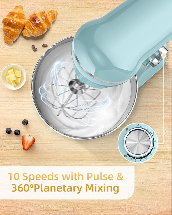Facelle Tilt-Head Stand Mixer, 5QT+6QT Stainless Steel Two Bowls, 10 Speeds Kitchen Electric Food Mixer with Egg Whisk, Dough Hook, Beater, Dishwasher-Safe Attachment, Ideal Gift for Mom