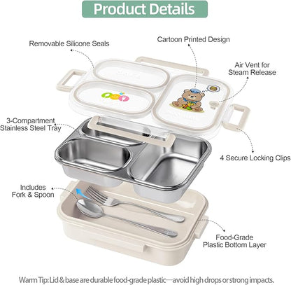 Stainless Steel Bento Lunch Box for Kids, 26.4 oz Leak-Proof 3-Compartment Metal Bento Box, BPA-Free, Cute Cartoon Meal Prep Snack Container with Utensils for School, Office, Travel - Beige
