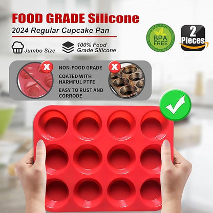2PCS Thicken-12 Cup Silicone Muffin Pan - Cupcake Baking Pan Great for Making Muffin Cakes, Tart, Bread -Non - Stick Silicone Mold/Dishwasher - Microwave Safe
