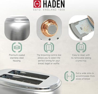 Haden Heritage 4 Slice Wide Slot Stainless Steel Toaster Bundled with 1.7 Liter Stainless Steel Electric Water Kettle, Steel & Copper