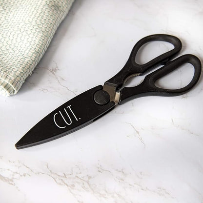 Rae Dunn Kitchen Scissors- Stainless Steel Kitchen Shears, Cooking Scissors for Cutting Meat, Chicken, Herbs and Produce with Blade Cover and Soft Grip Handles (Black)