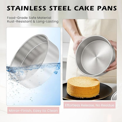 8 Inch Cake Pan - 3PCS Stainless Steel Round Layer Cake Baking Pans with 100 PCS Parchment Paper, Round Bakeware for Party Birthday Wedding, Mirror Finish & Dishwasher Safe
