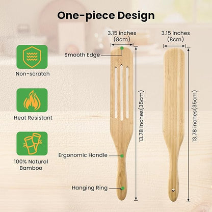 GEEKHOM Bamboo Spatulas, 13 Inch Wooden Kitchen Utensils, 2 Pack Wood Spurtle Set for Cooking, Slotted Wok Turners, Flipper for Nonstick Cookware Stirring, Serving Mixing Scraping