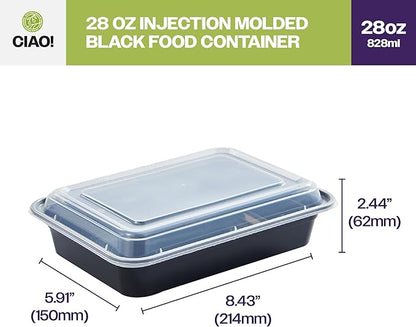 CIAO! Heavy Weight 28oz Injection Molded Microwavable Black Rectangular Food Container with Lid (150/case)