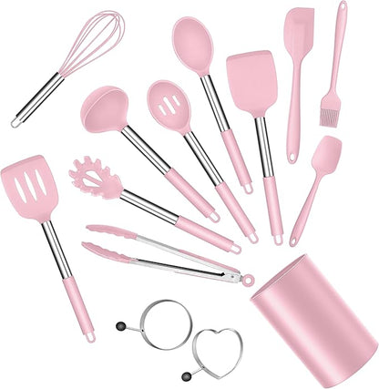 E-far Silicone Cooking Utensils Set, 14-Piece Pink Kitchen Utensils Set with Holder, Kitchen Tools Spatulas with Stainless Steel Handle for Non-stick Cookware, Heat Resistant & Dishwasher safe