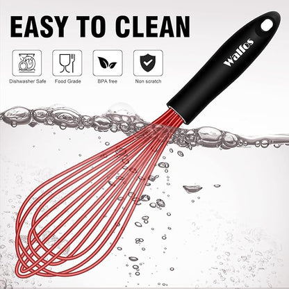 Walfos Silicone Whisks Set, 5pcs Whisk, Non Scratch Coated 7+9+11in Whisks and Mini stainless steel 7+5in Whisk, Suitable for Use in Whisking, Blending, Frothing, Beating & Stirring. (Multicolor)