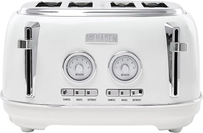 Haden Dorset 4 Slice Wide Slot Stainless Steel Toaster with Adjustable Browning Control & Non-Slip Feet, Ivory & Chrome