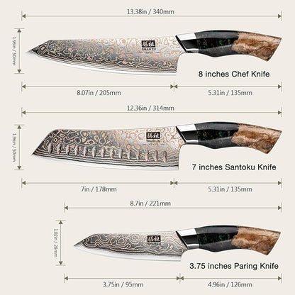 SHAN ZU Damascus Knife Set, Copper & Damascus Steel Japanese Kitchen Knives, High Carbon 33 Layer Hand Forged Utility Knife Professional Sharp Kitchen Knife with Maple Wood Handle