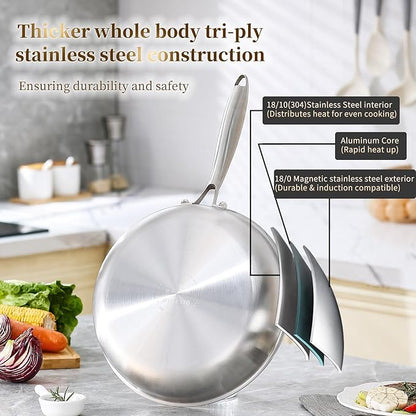 DELARLO Tri-ply Stainless Steel Frying Pan Set with Lid 10" 12" Induction large Skillets Chef's Pan,Pots and Pans Set Kitchen Cookware Set Suitable for All Stove