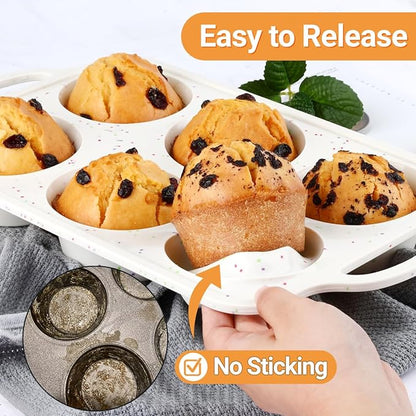 FUNBAKY Jumbo Silicone Muffin Pan with Metal Frame, 3.5 Inch Large Muffin Pans 6 Cups 2 Pack Confetti